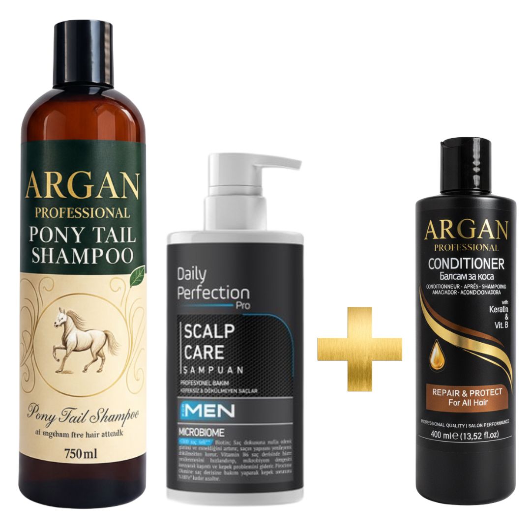 Комплект конски шампоан с мъжки шампоан против косопад и пърхот и балсам с аганово масло.